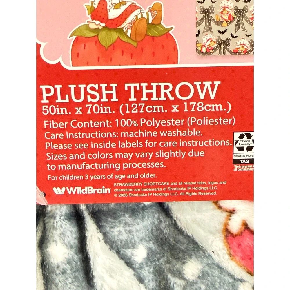 Strawberry Shortcake Halloween Plush Throw Blanket Bats Polka Dot Bows 70x50